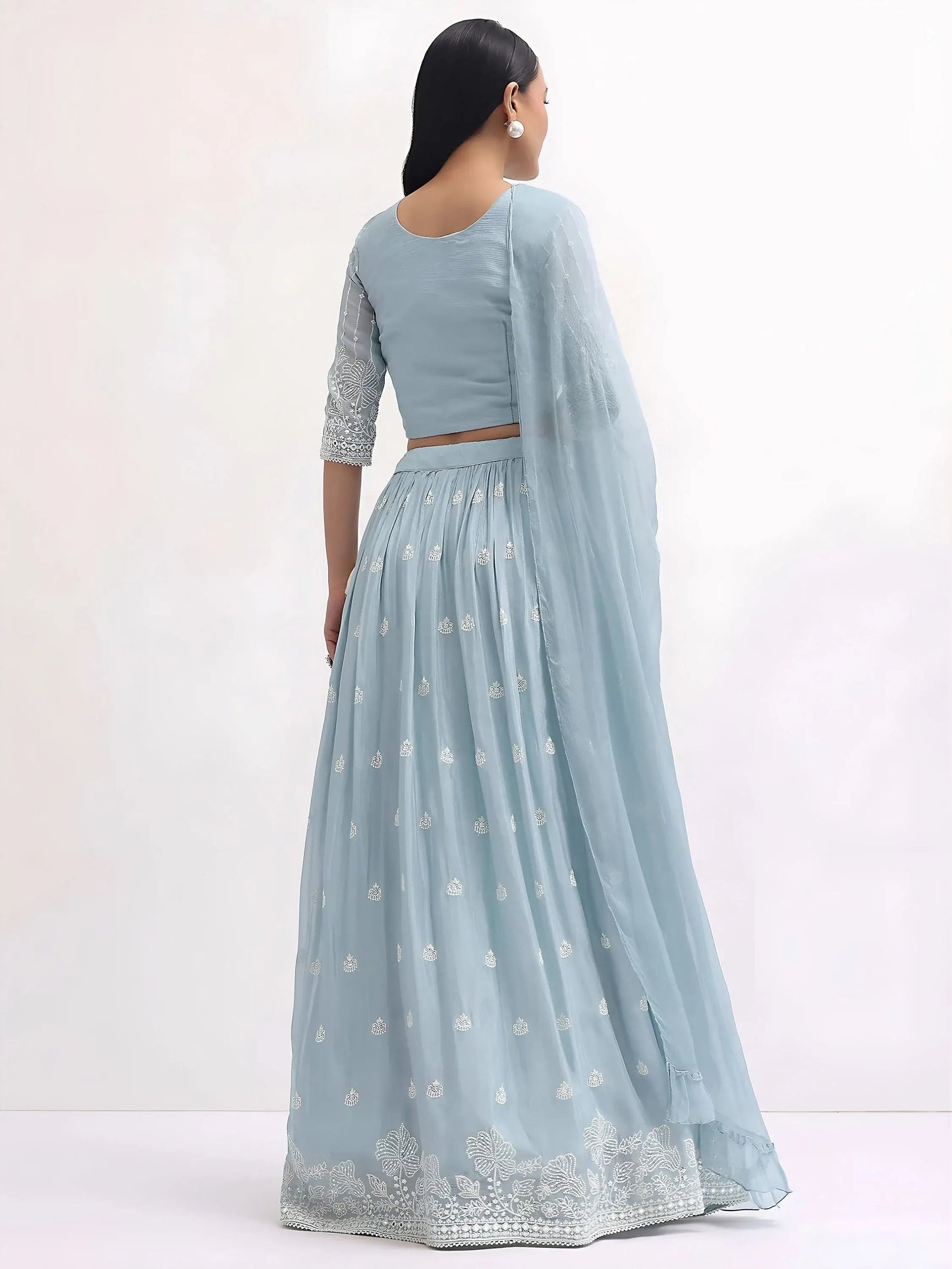 Pretty Blue Thread Embroidered Georgette Reception Wear Lehenga Choli