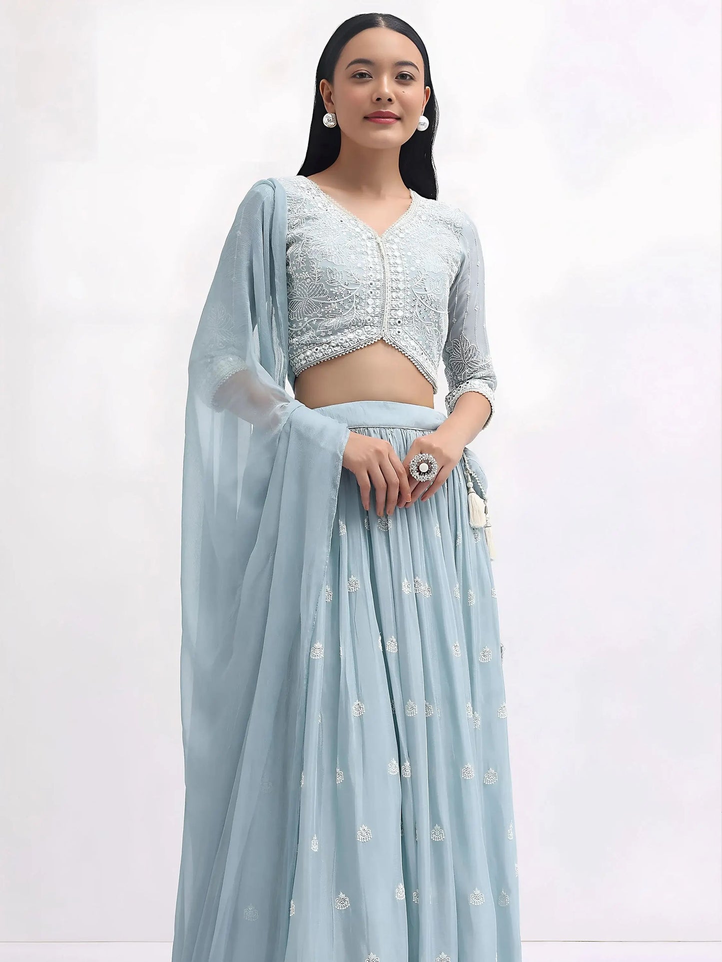 Pretty Blue Thread Embroidered Georgette Reception Wear Lehenga Choli