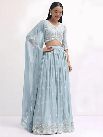 Pretty Blue Thread Embroidered Georgette Reception Wear Lehenga Choli