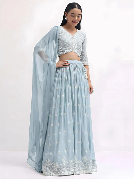 Pretty Blue Thread Embroidered Georgette Reception Wear Lehenga Choli