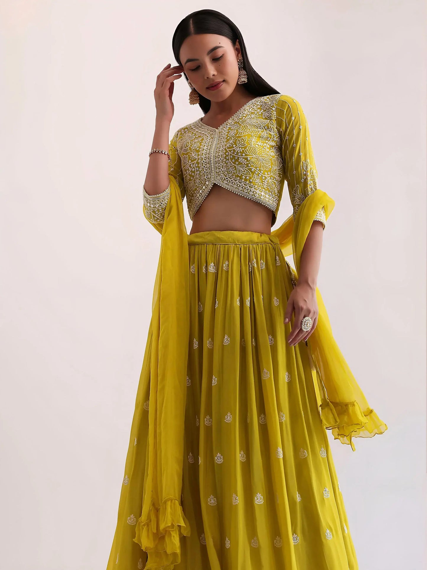 Wonderful Yellow Sequins Georgette Haldi Wear Lehenga Choli