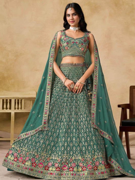 Timeless Green Floral Embroidery Georgette Event Wear Lehenga With Blouse