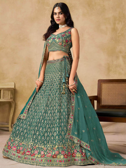 Timeless Green Floral Embroidery Georgette Event Wear Lehenga With Blouse