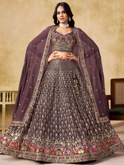 Stupendous Purple Heavy Embroidered Georgette Traditional Lehenga Choli