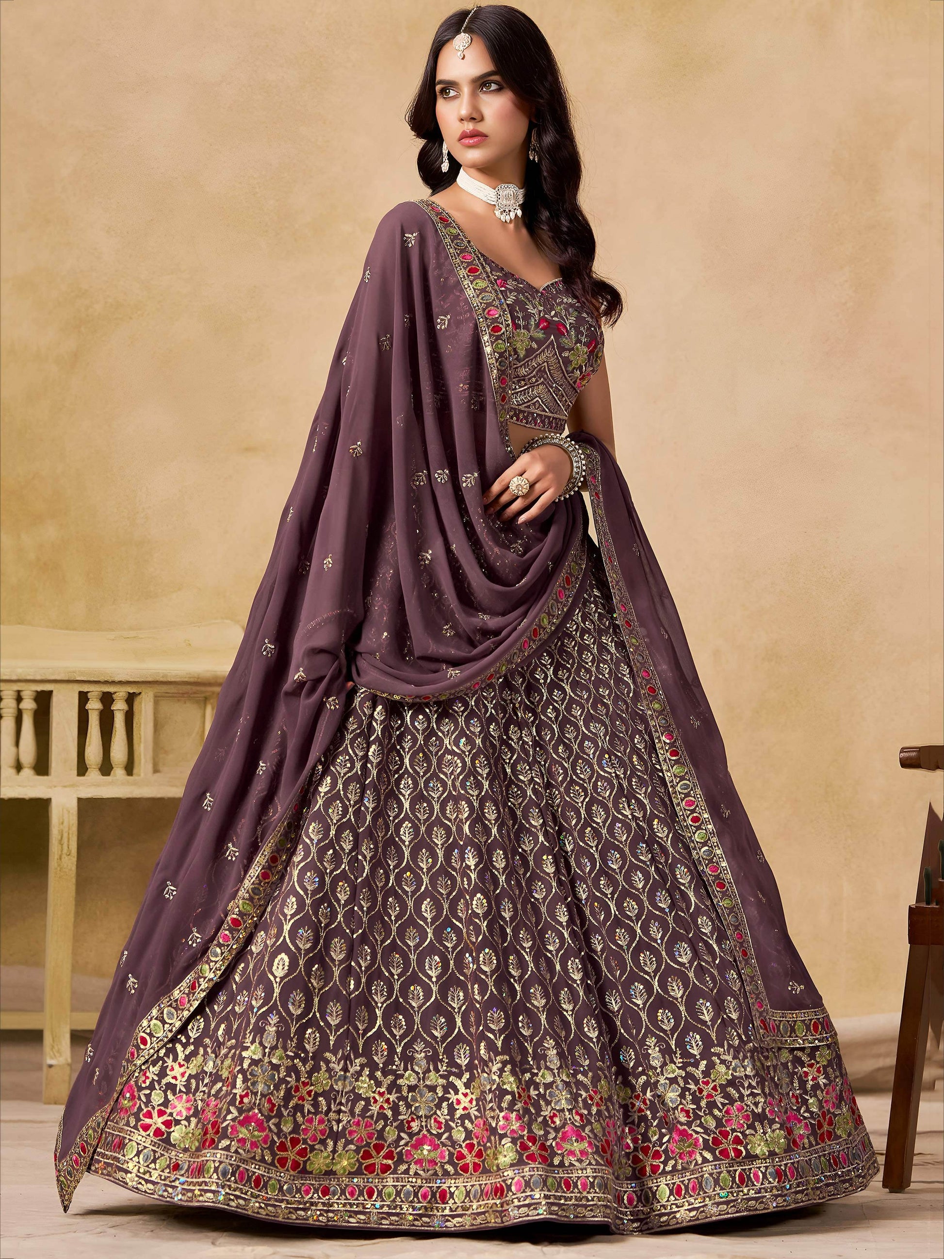Stupendous Purple Heavy Embroidered Georgette Traditional Lehenga Choli