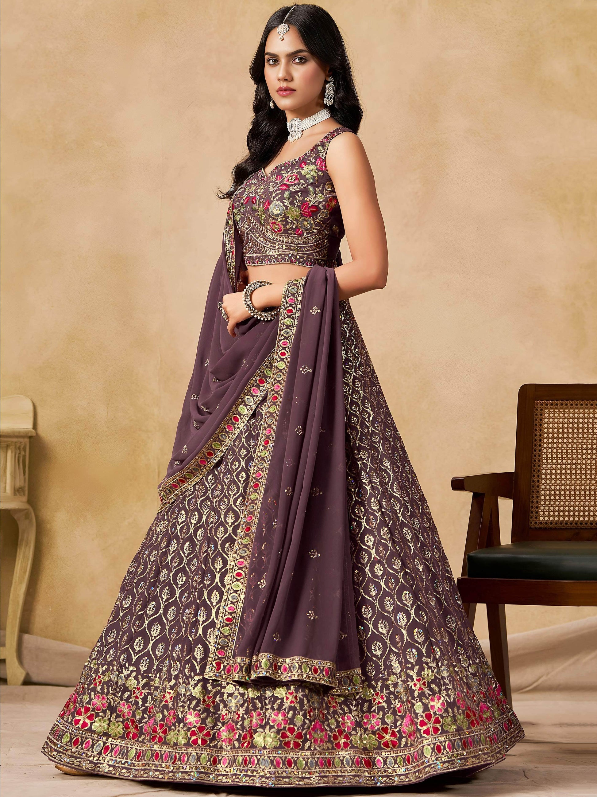 Stupendous Purple Heavy Embroidered Georgette Traditional Lehenga Choli