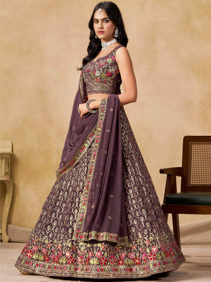 Stupendous Purple Heavy Embroidered Georgette Traditional Lehenga Choli