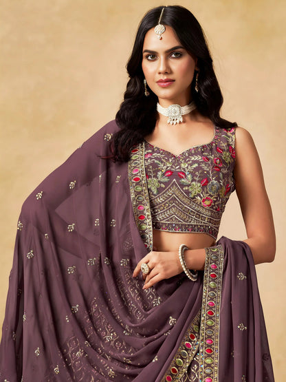 Stupendous Purple Heavy Embroidered Georgette Traditional Lehenga Choli