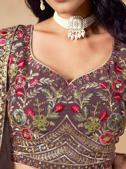 Stupendous Purple Heavy Embroidered Georgette Traditional Lehenga Choli