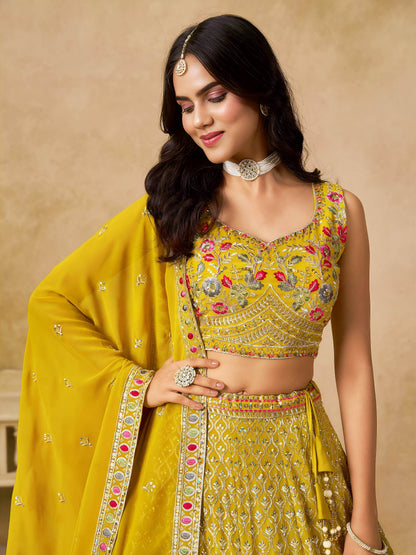 Incredible Yellow Embroidered Georgette Haldi Wear Lehenga Choli With Dupatta