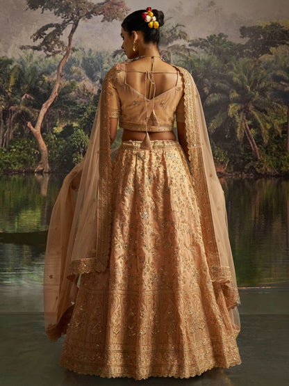 Rich Peach Dori Embroidery Net Sangeet Wear Lehenga Choli With Dupatta
