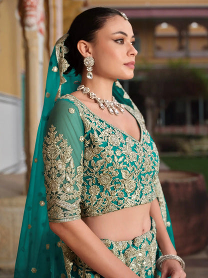 Classy Sea Green Sequins Embroidery Net Bridesmaid Lehenga Choli