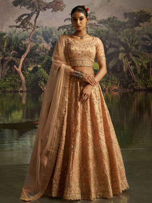 Rich Peach Dori Embroidery Net Sangeet Wear Lehenga Choli With Dupatta