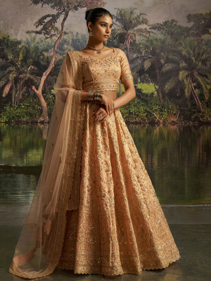 Rich Peach Dori Embroidery Net Sangeet Wear Lehenga Choli With Dupatta