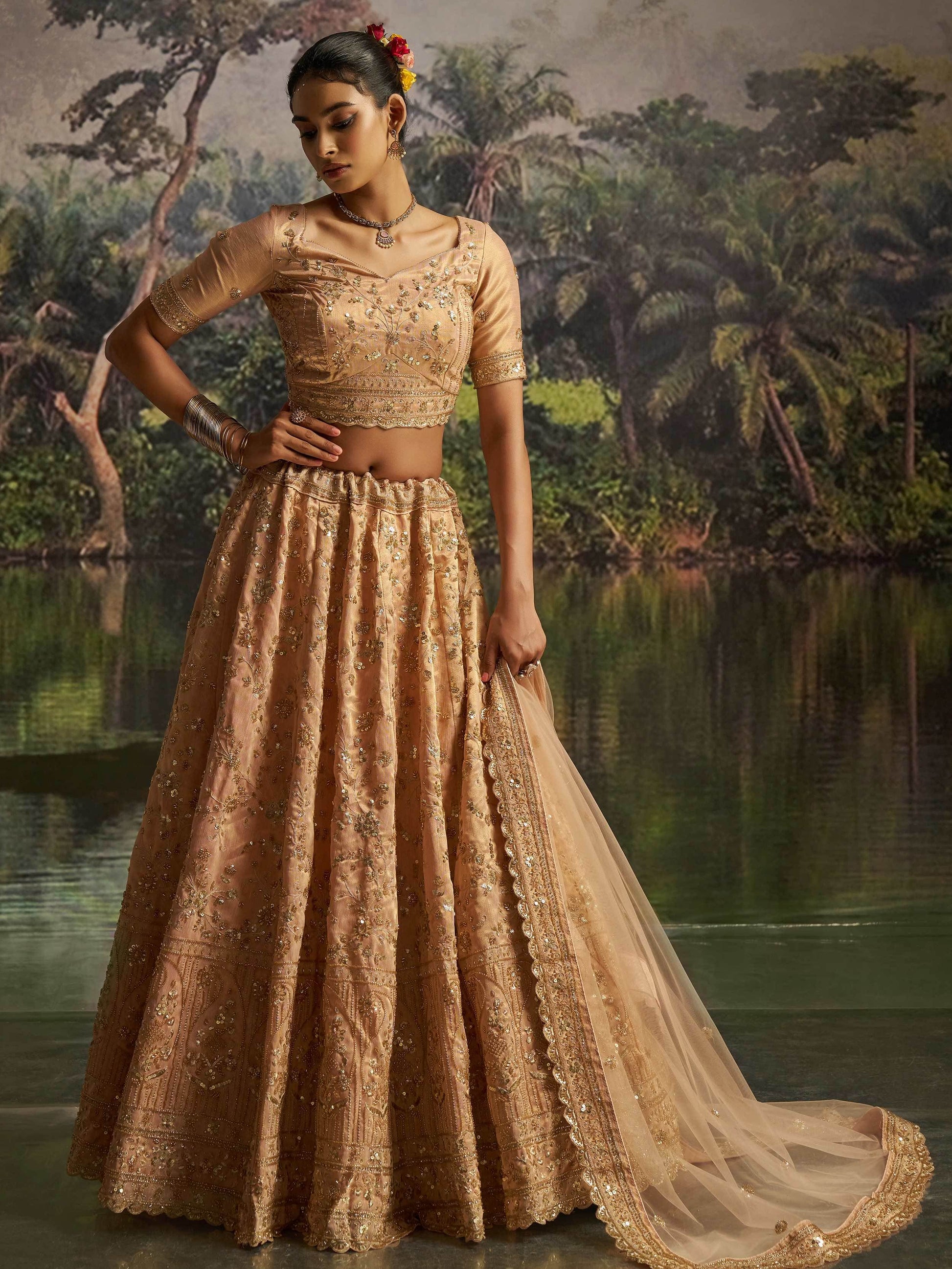 Rich Peach Dori Embroidery Net Sangeet Wear Lehenga Choli With Dupatta