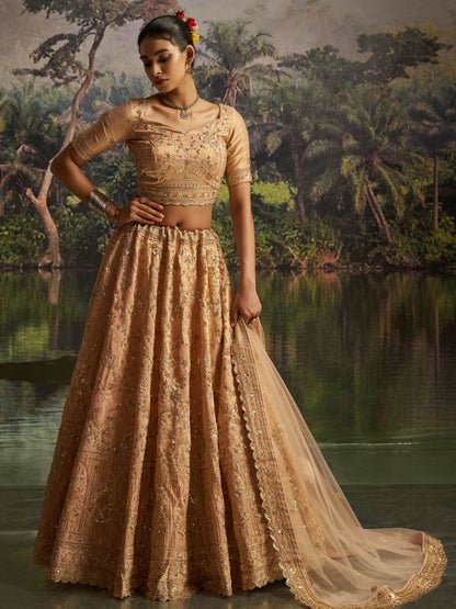 Rich Peach Dori Embroidery Net Sangeet Wear Lehenga Choli With Dupatta