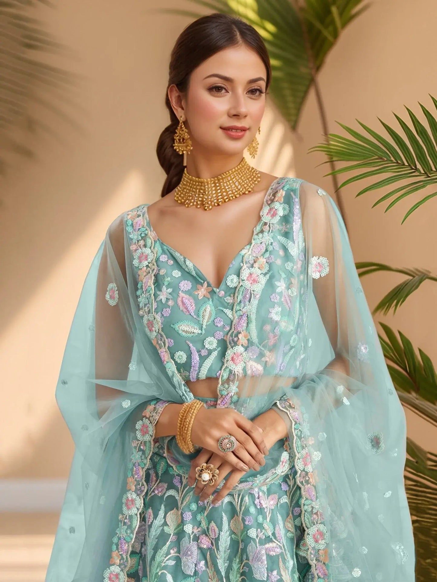 Lovely Sky Blue Sequins Work Net Bridesmaid Lehenga Choli With Dupatta