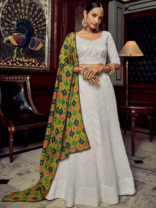 Beautiful White Sequins Georgette Function Wear Lehenga Choli With Dupatta