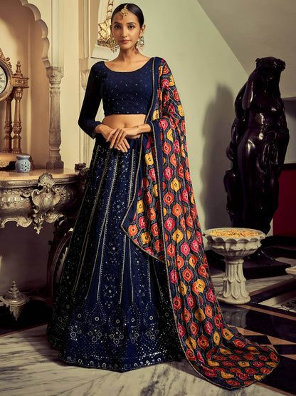 Elegant Navy Blue Thread Work Georgette Engagement Wear Lehenga Choli