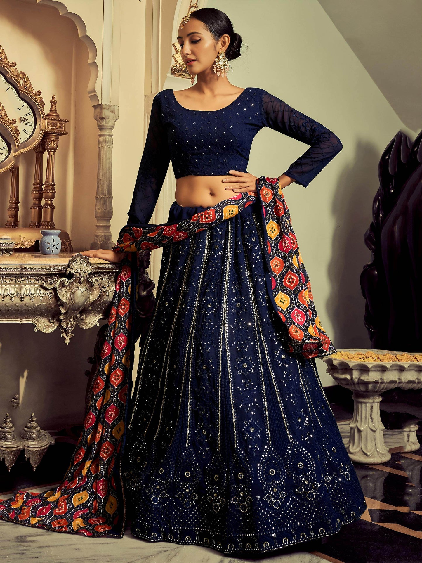 Elegant Navy Blue Thread Work Georgette Engagement Wear Lehenga Choli