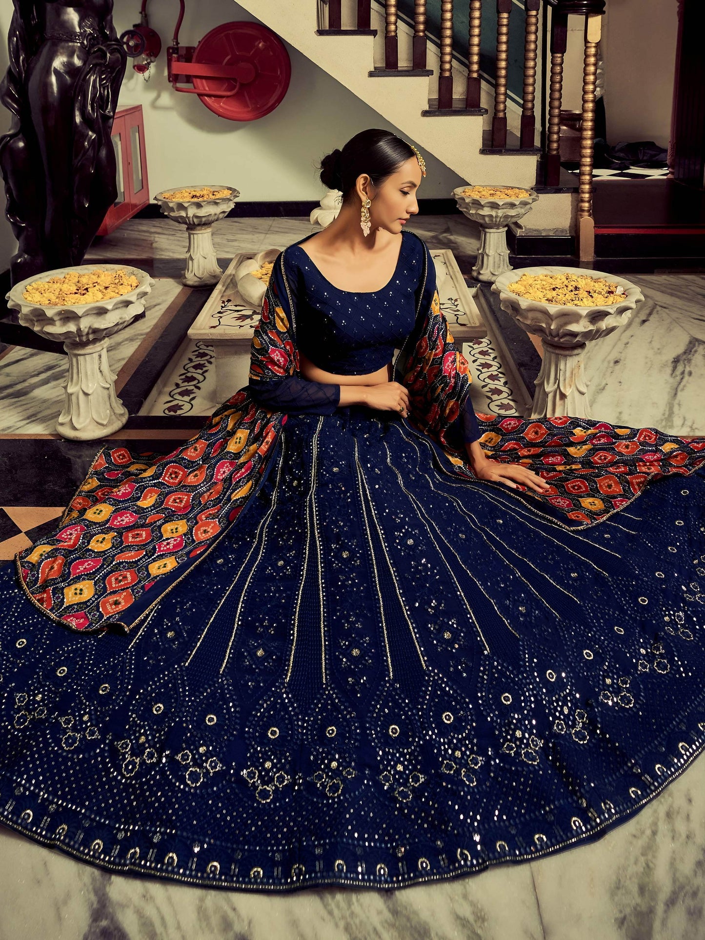 Elegant Navy Blue Thread Work Georgette Engagement Wear Lehenga Choli
