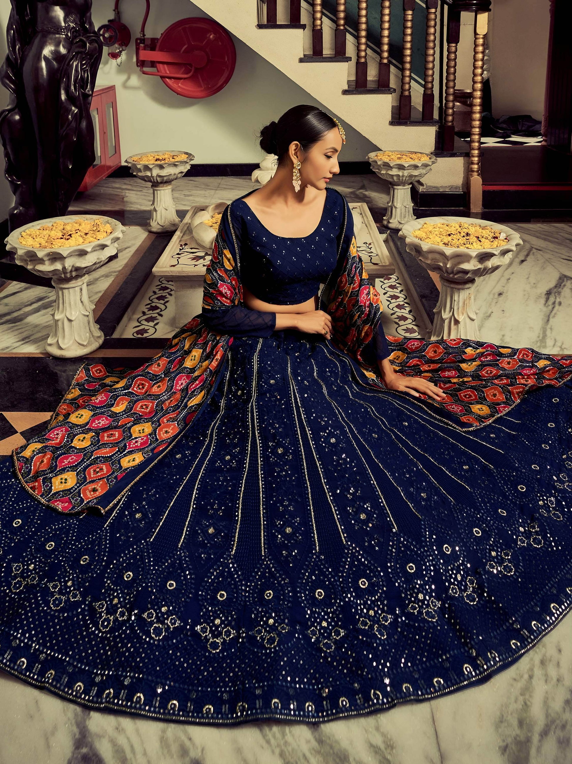 Elegant Navy Blue Thread Work Georgette Engagement Wear Lehenga Choli