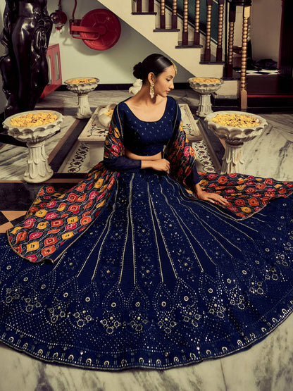 Elegant Navy Blue Thread Work Georgette Engagement Wear Lehenga Choli