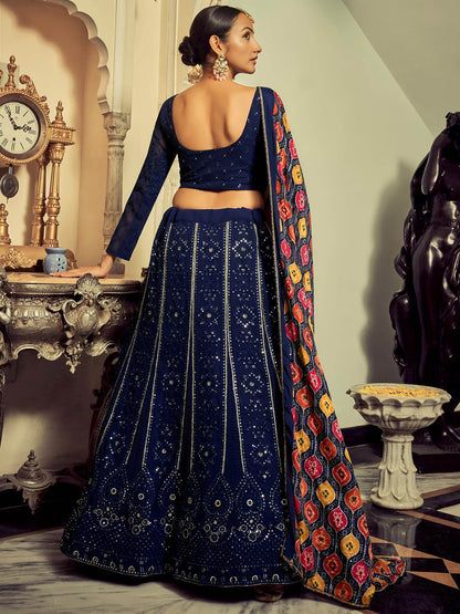 Elegant Navy Blue Thread Work Georgette Engagement Wear Lehenga Choli
