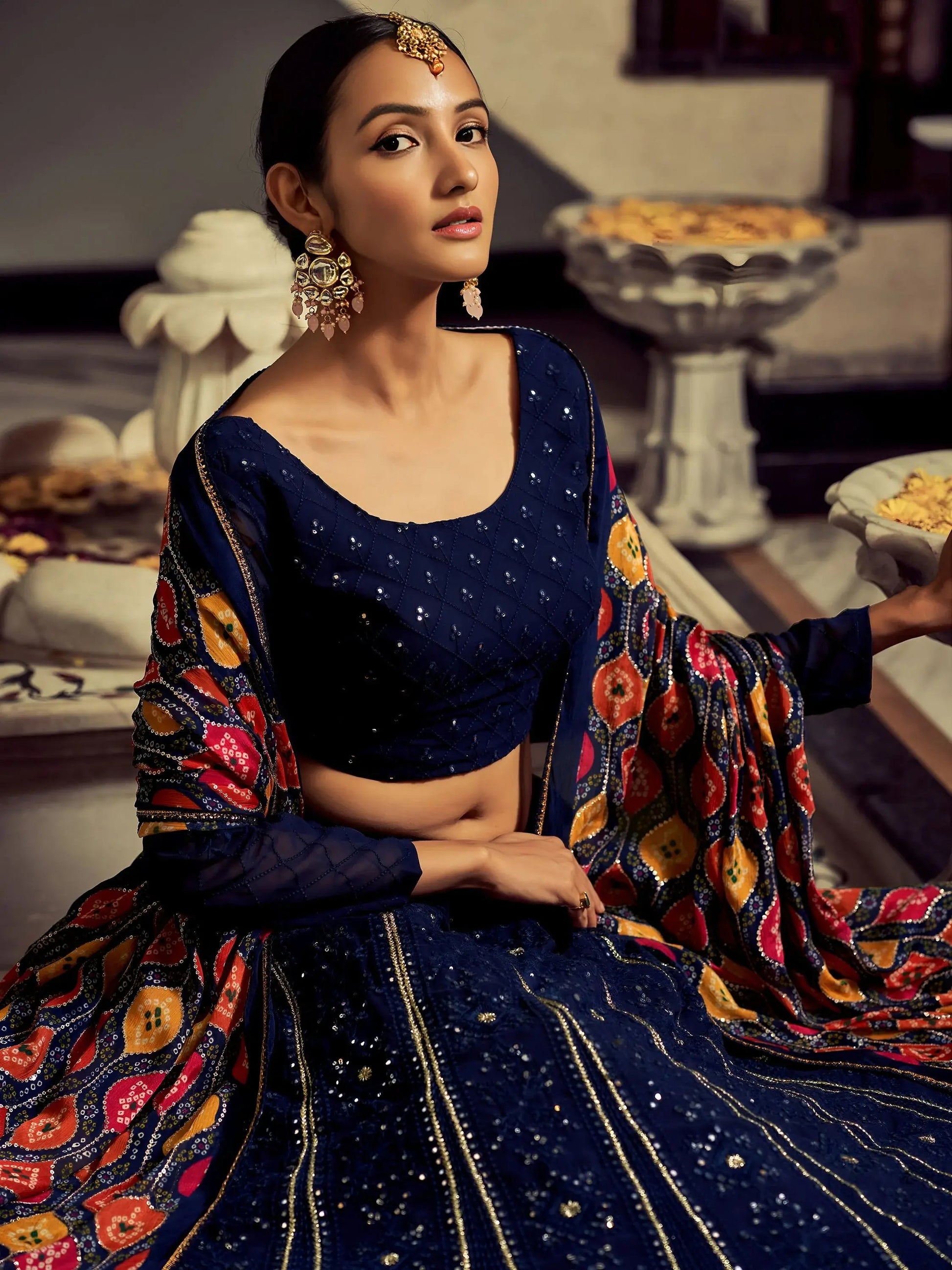 Elegant Navy Blue Thread Work Georgette Engagement Wear Lehenga Choli