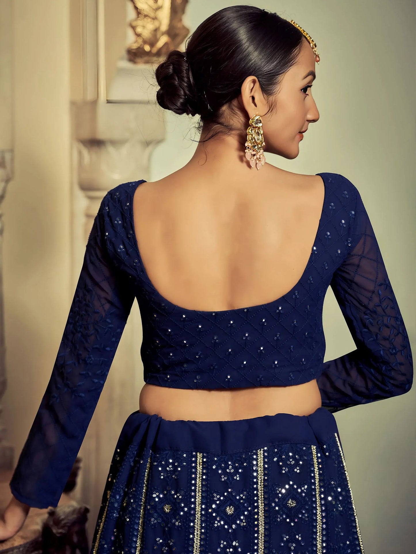 Elegant Navy Blue Thread Work Georgette Engagement Wear Lehenga Choli