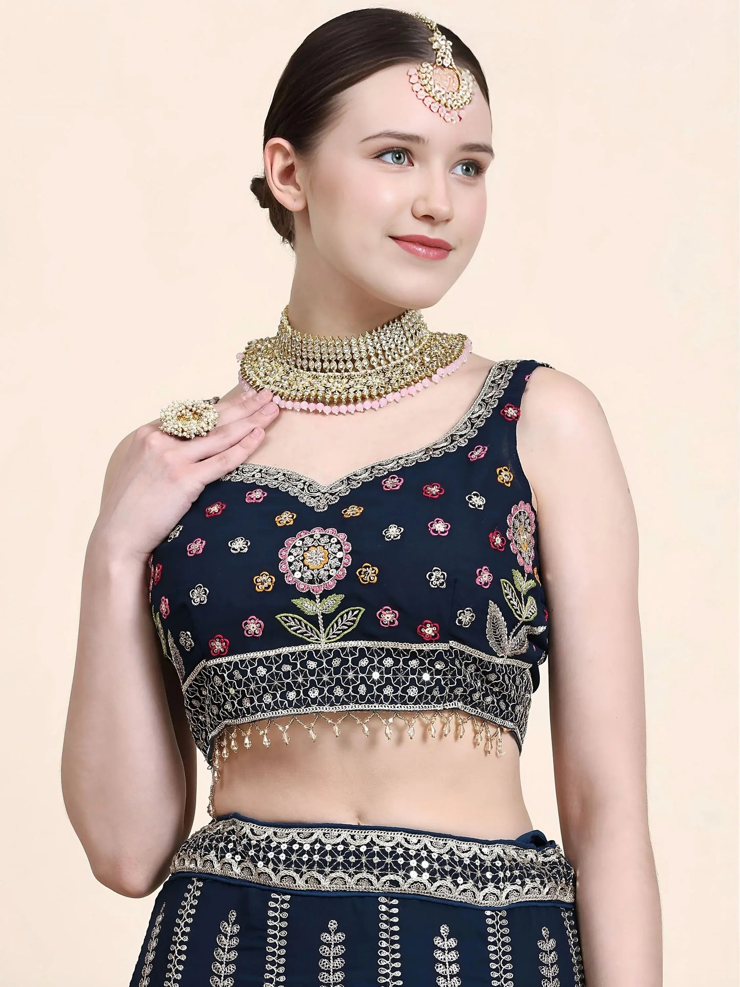 Gleaming Navy Blue Floral Embroidery Georgette Reception Wear Lehenga Choli