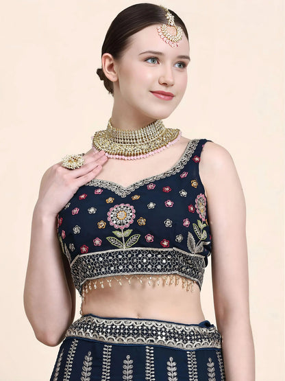 Gleaming Navy Blue Floral Embroidery Georgette Reception Wear Lehenga Choli