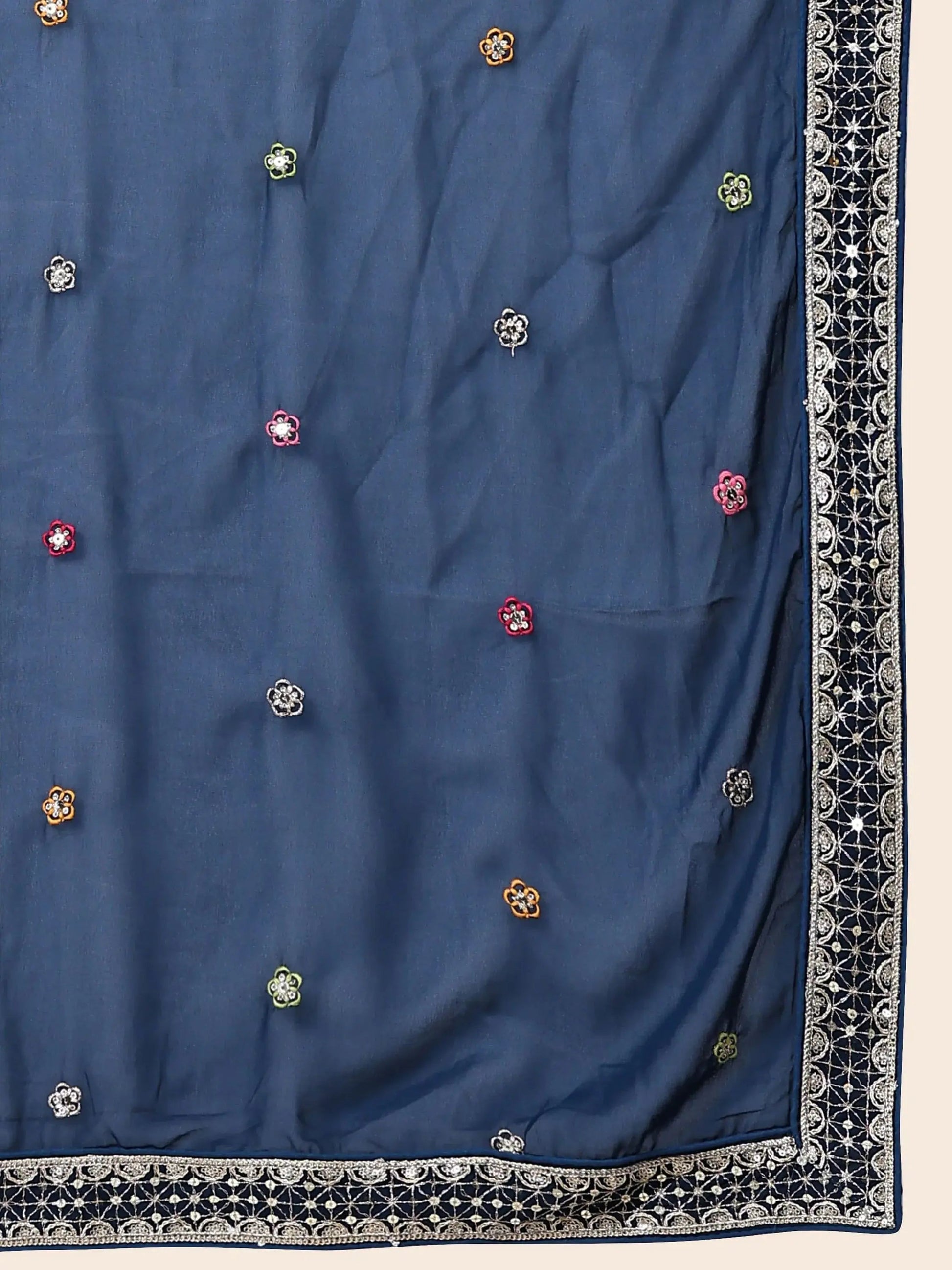 Gleaming Navy Blue Floral Embroidery Georgette Reception Wear Lehenga Choli