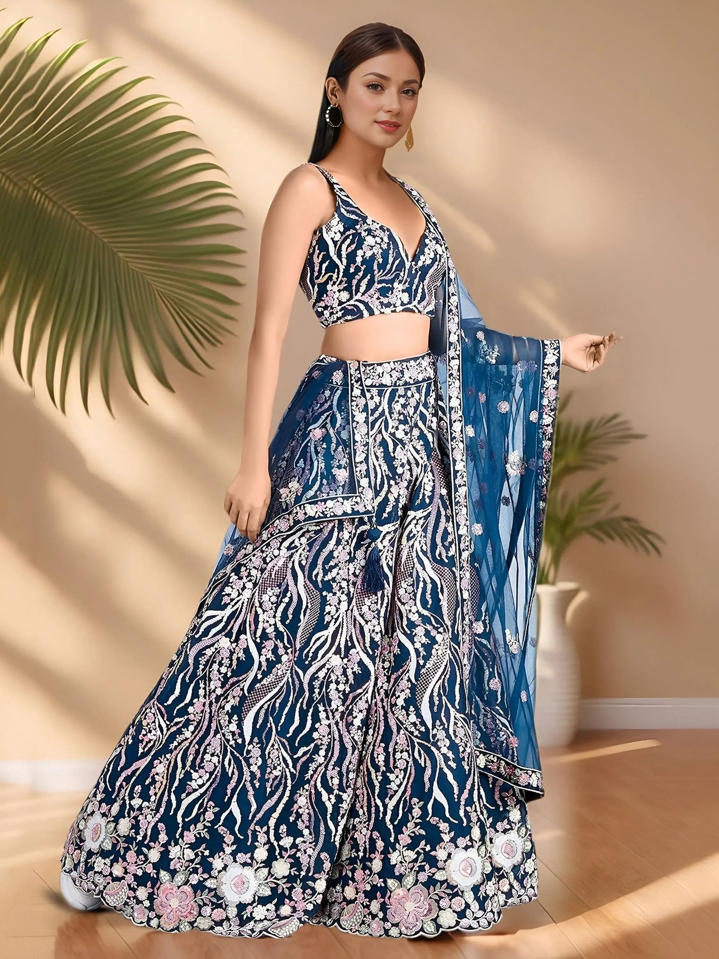 Stylish Teal Blue Floral Embroidery Net Engagement Wear Lehenga Choli