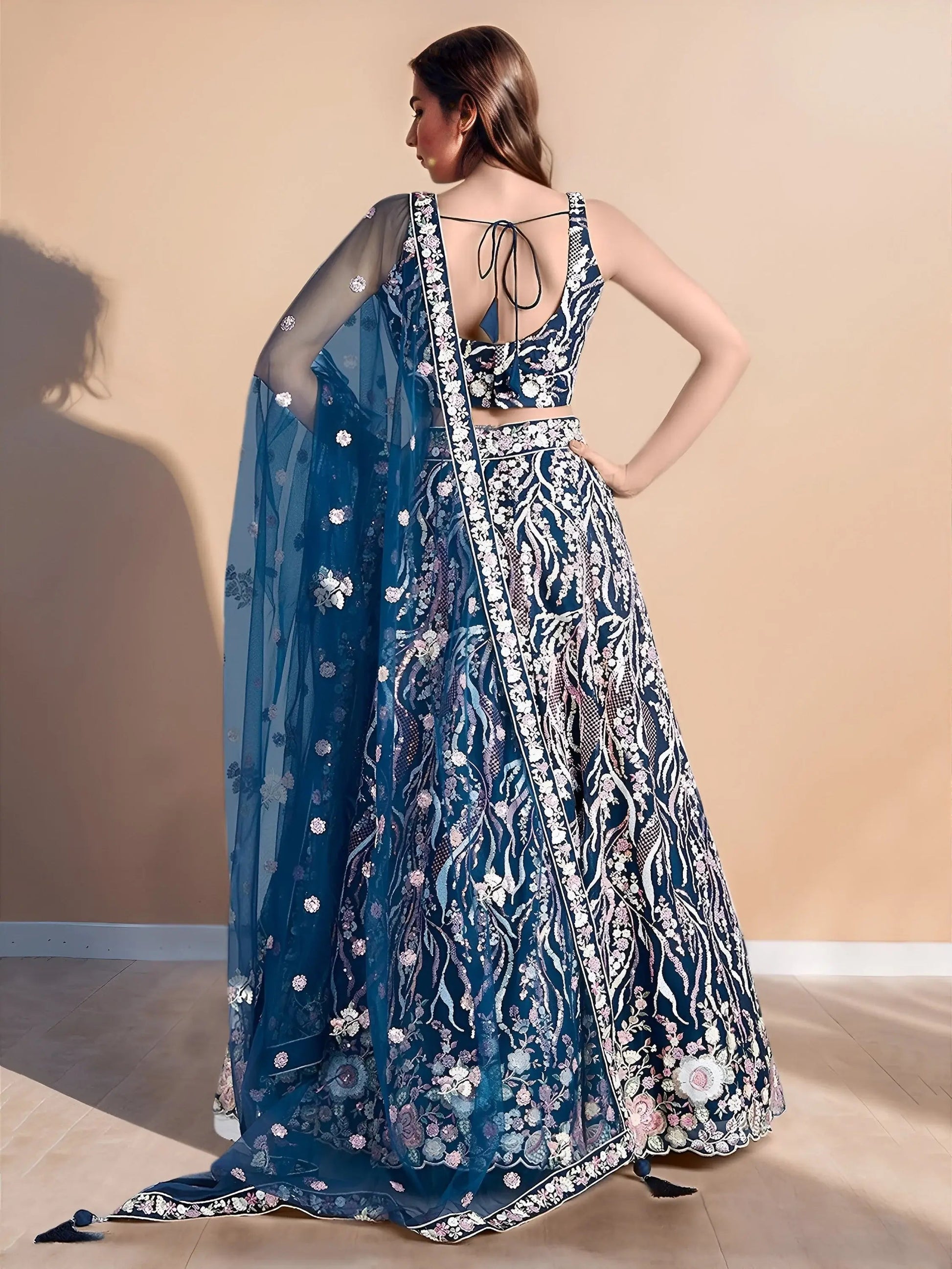 Stylish Teal Blue Floral Embroidery Net Engagement Wear Lehenga Choli