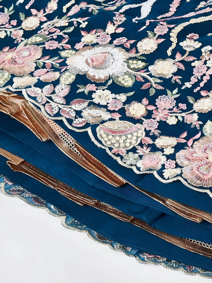 Stylish Teal Blue Floral Embroidery Net Engagement Wear Lehenga Choli