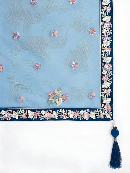 Stylish Teal Blue Floral Embroidery Net Engagement Wear Lehenga Choli