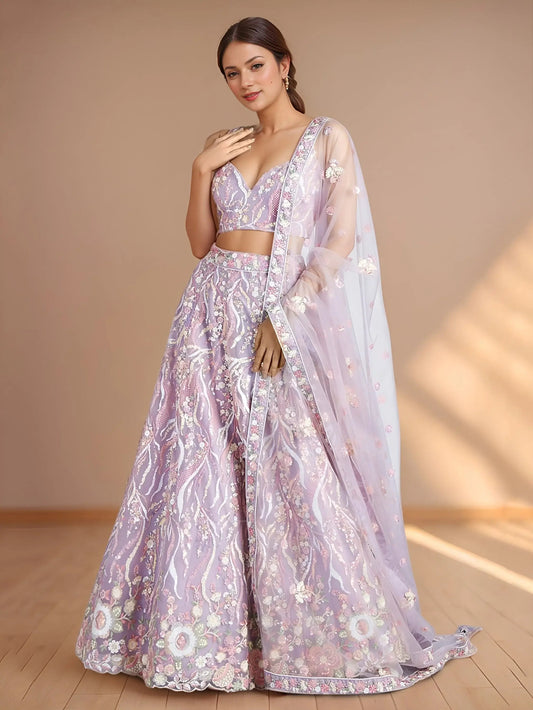 Exclusive Lavender Thread Embroidery Net Reception Wear Lehenga Choli