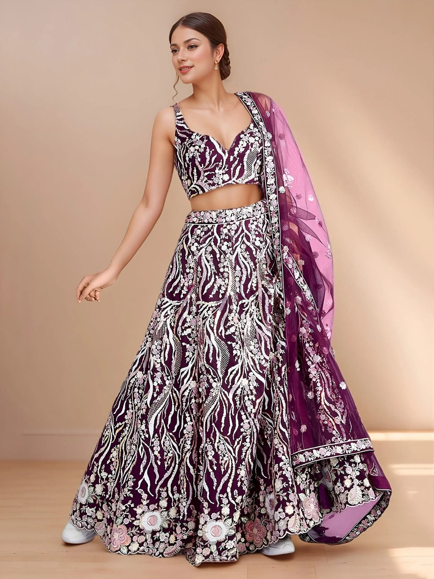 Sophisticated Wine Embroidered Net Party Wear Lehenga Choli With Dupatta