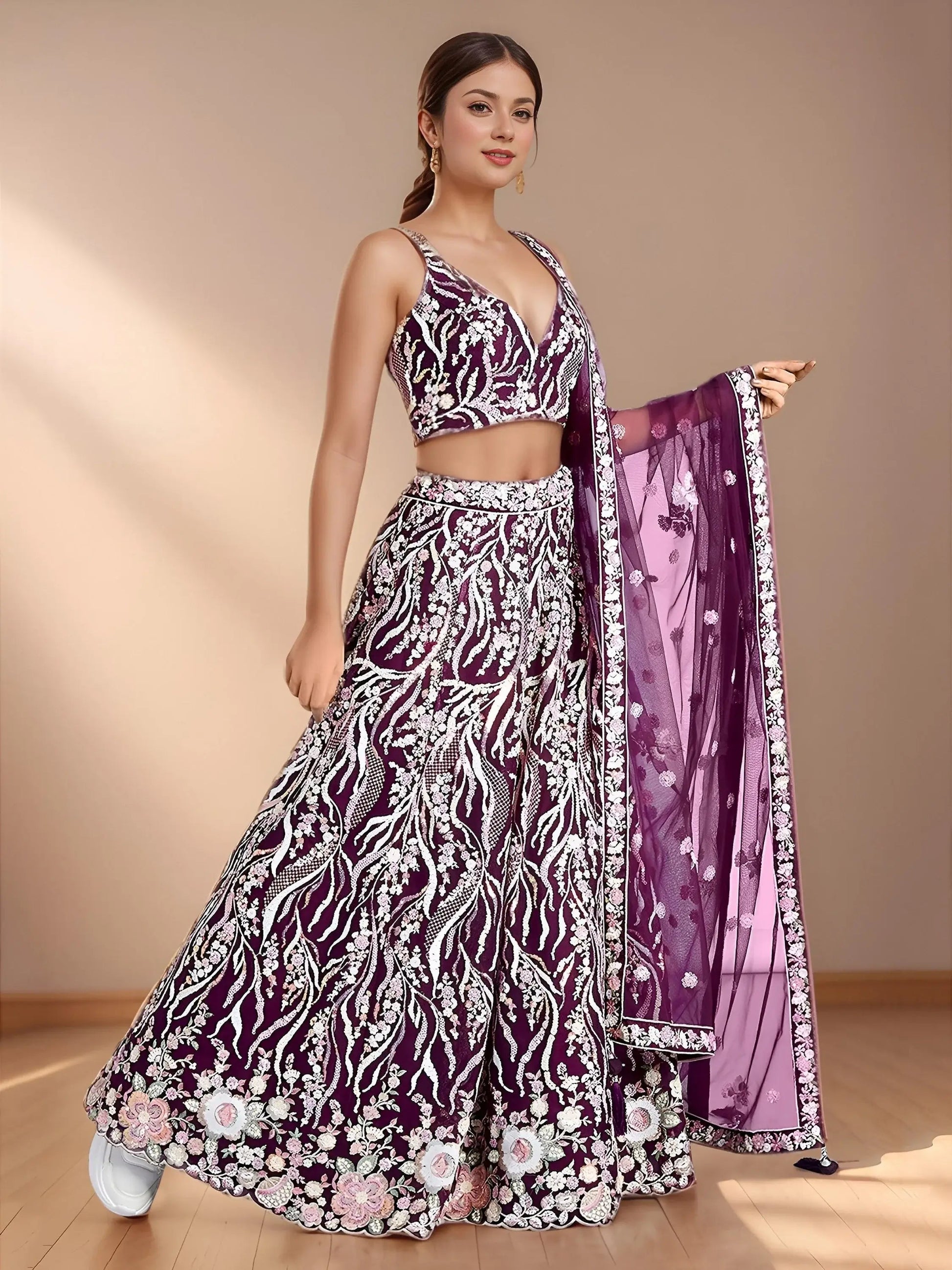 Sophisticated Wine Embroidered Net Party Wear Lehenga Choli With Dupatta