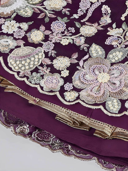 Sophisticated Wine Embroidered Net Party Wear Lehenga Choli With Dupatta