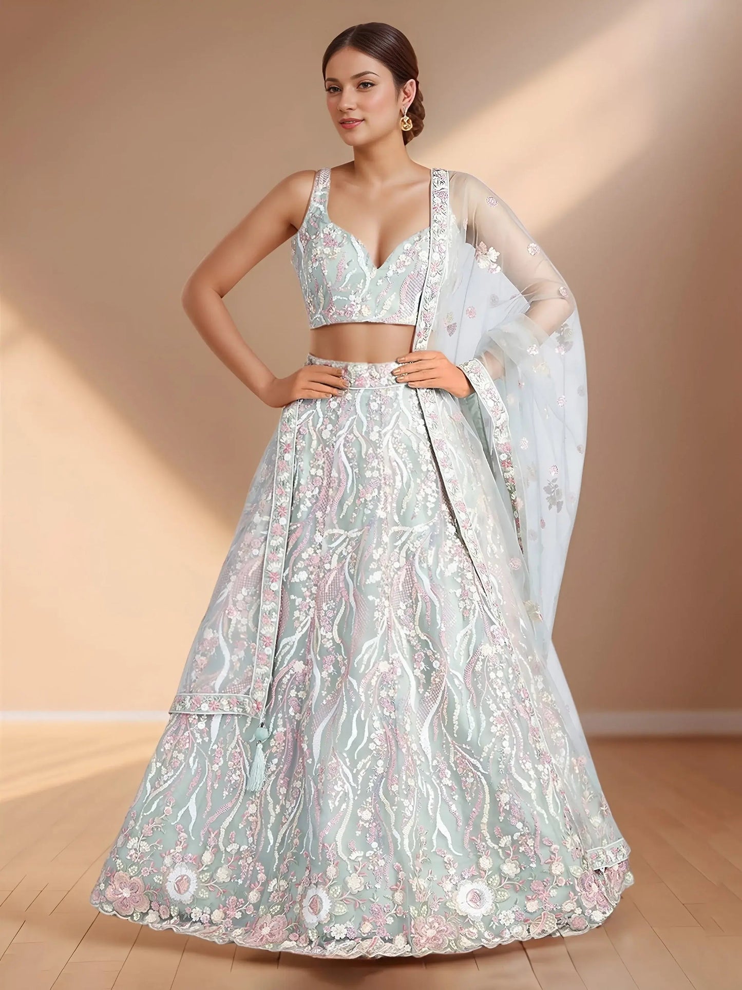 Chic Sky Blue Sequins Net Bridesmaid Lehenga Choli With Dupatta