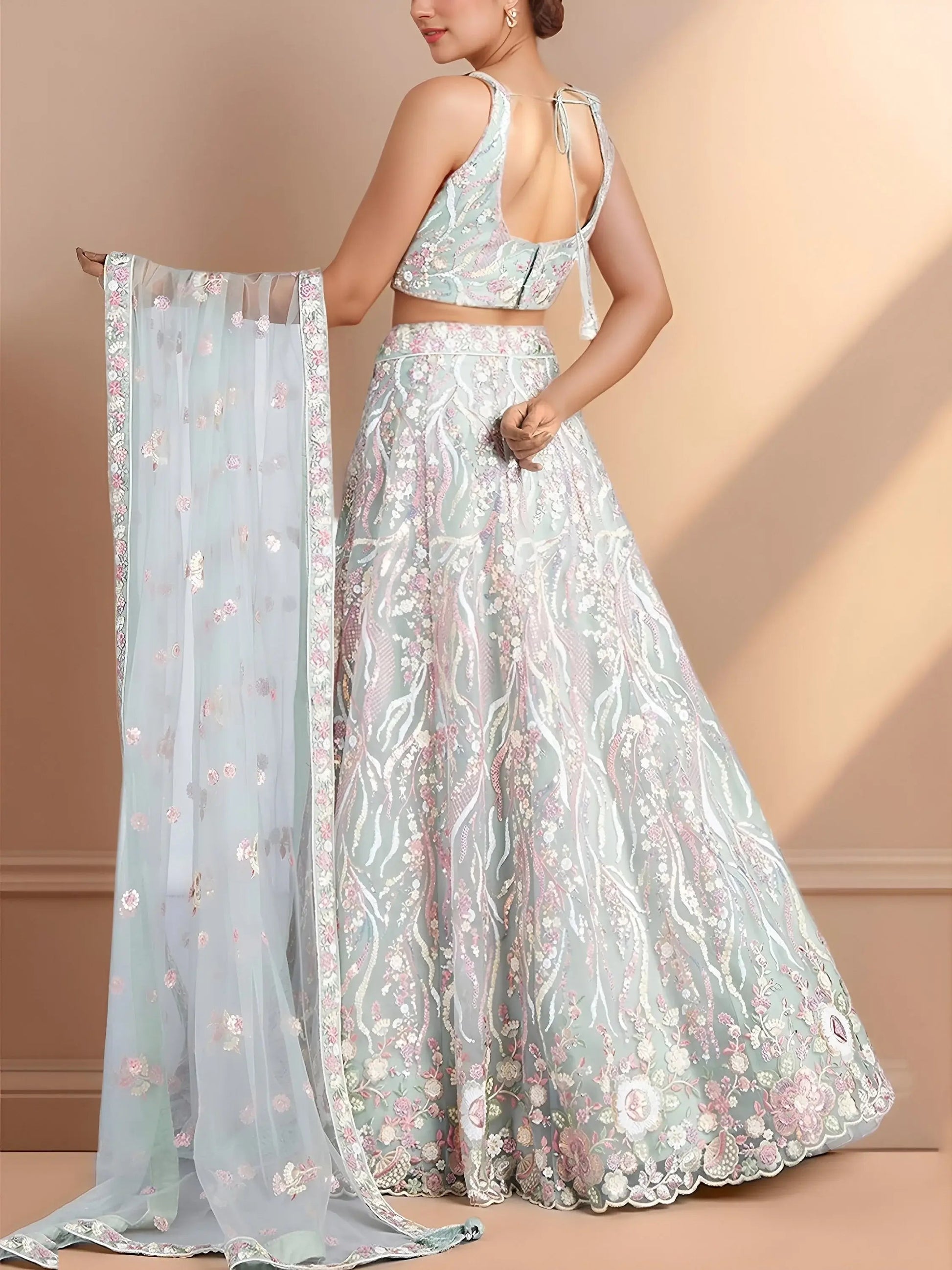 Chic Sky Blue Sequins Net Bridesmaid Lehenga Choli With Dupatta