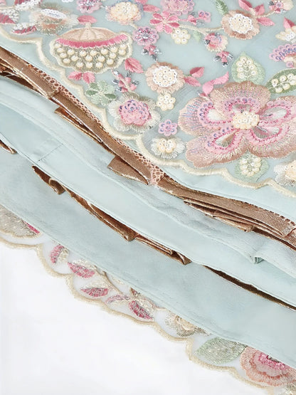 Chic Sky Blue Sequins Net Bridesmaid Lehenga Choli With Dupatta