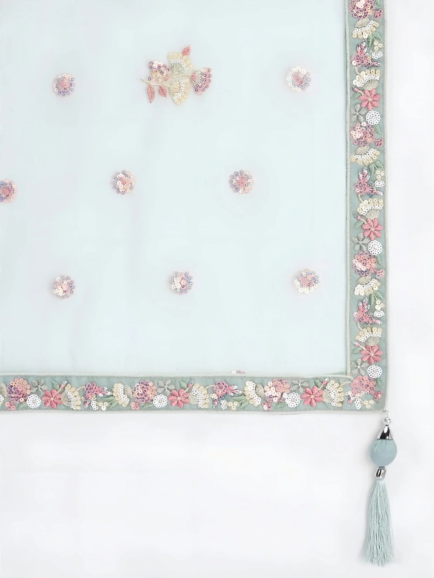 Chic Sky Blue Sequins Net Bridesmaid Lehenga Choli With Dupatta