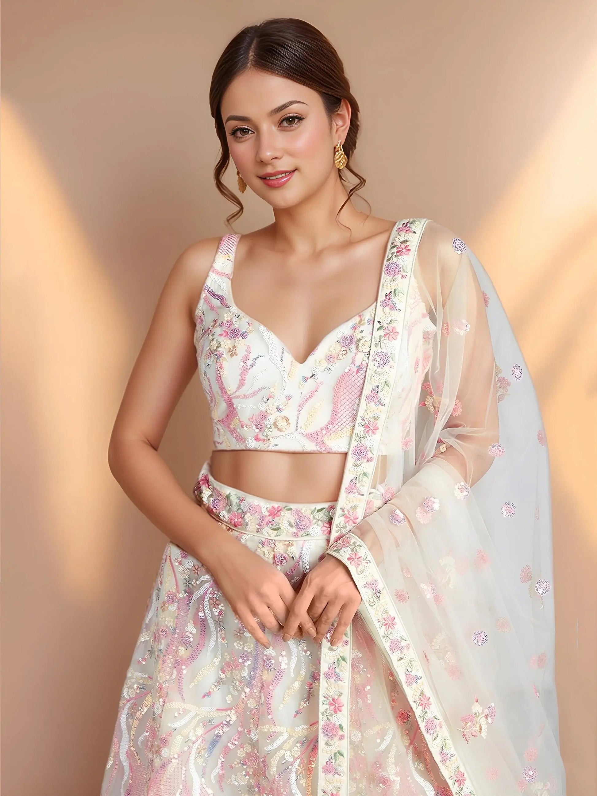 Superior White Thread Work Net Sangeet Wear Lehenga With Blouse