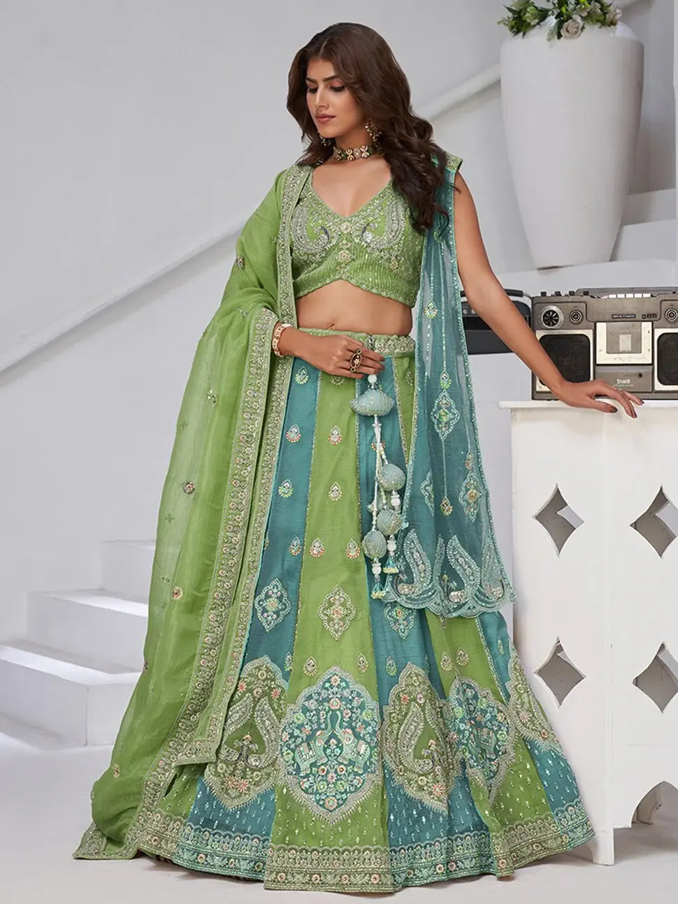 Awesome Sea Green Zari Work Tissue Mehendi Wear Lehenga Choli With Dupatta