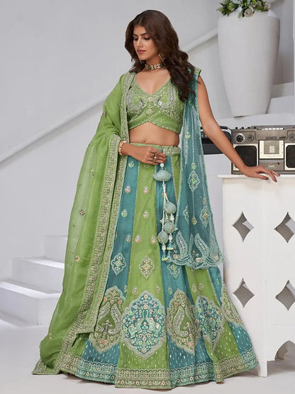 Awesome Sea Green Zari Work Tissue Mehendi Wear Lehenga Choli With Dupatta