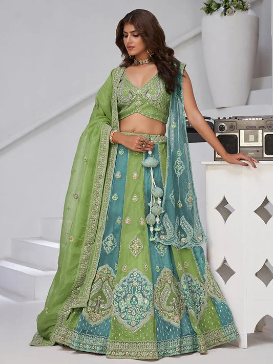 Awesome Sea Green Zari Work Tissue Mehendi Wear Lehenga Choli With Dupatta