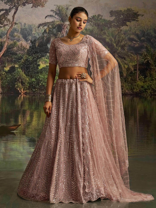 Dazzling Mauve Heavy Embroidered Net Event Wear Lehenga With Blouse